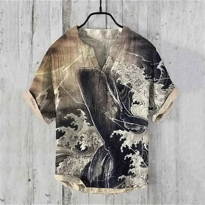 Summer Linen Blend Men's V Neck Short Sleeve T Shirt With The Great Wave Off Kanagawa Print