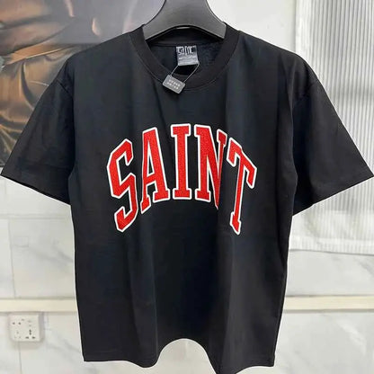 25SS Fingerprint Digital Direct Printing Saint T Shirt Unisex Oversized Vintage Washed Black Tee With Tag