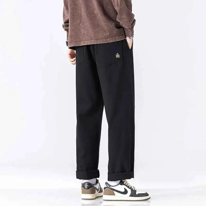 HIQOR Men Casual Cotton Vintage Jogger Pants Loose Straight Wide Leg Cargo Streetwear Trousers