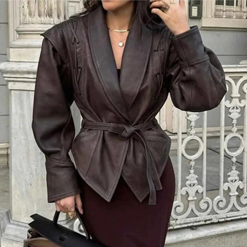 Suninheart Womens Faux Leather Jacket 2025 Autumn Winter Oversized Dropped Shoulder Belted Corset Style