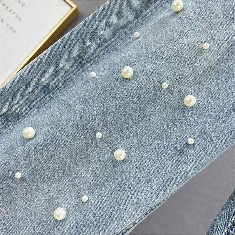 TeenStylo Beaded Denim Pants Wide Leg Jeans For Women Trendy Beaded Detailing Denim Trousers