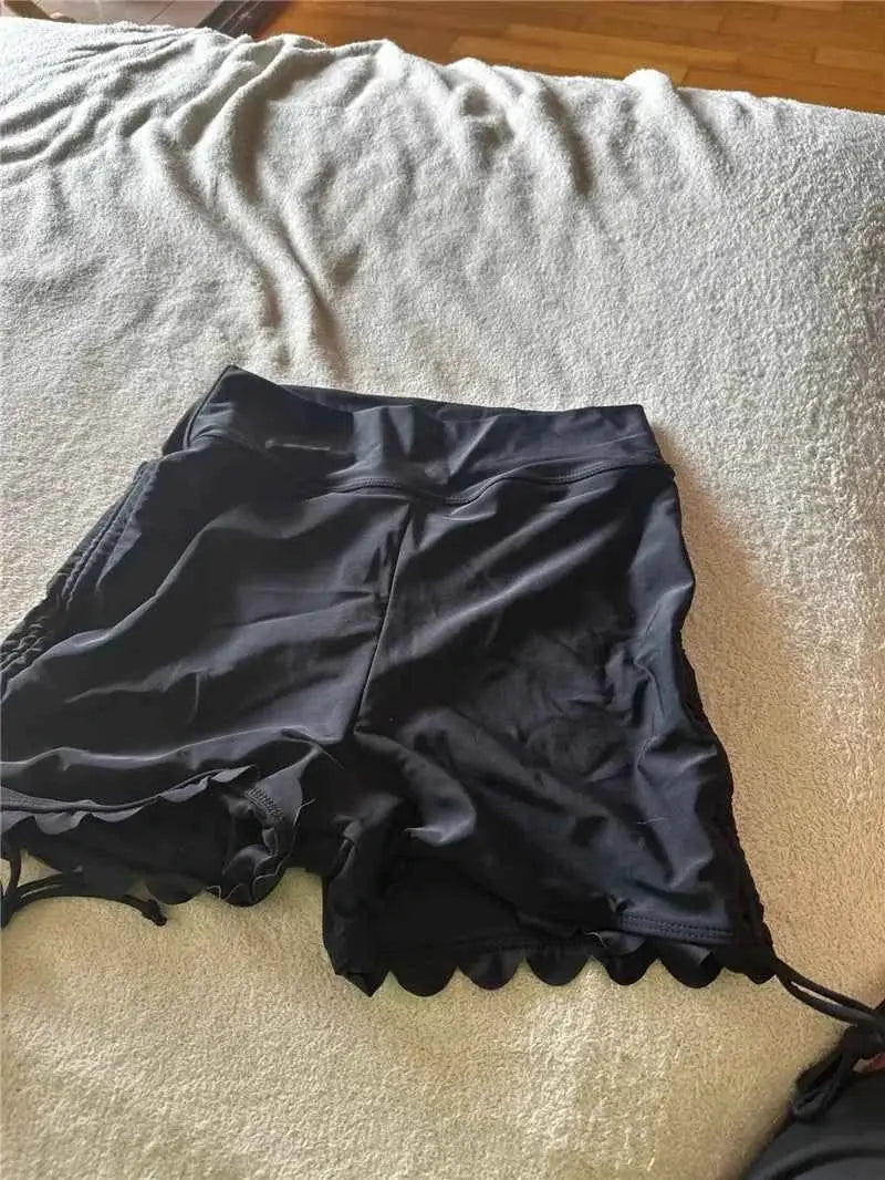 Women Swim Shorts High Waist Drawstring Wavy Hem Solid Beach Trunks For Surfing And Swimming