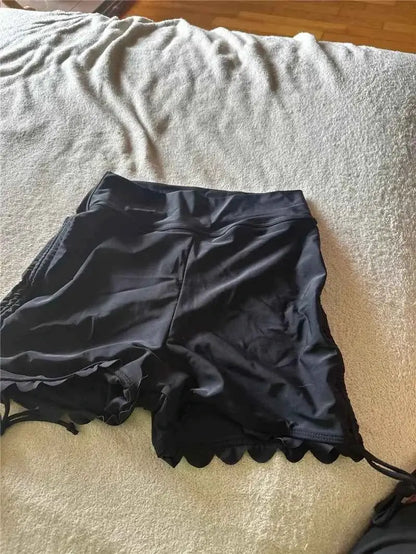 Women Swim Shorts High Waist Drawstring Wavy Hem Solid Beach Trunks For Surfing And Swimming