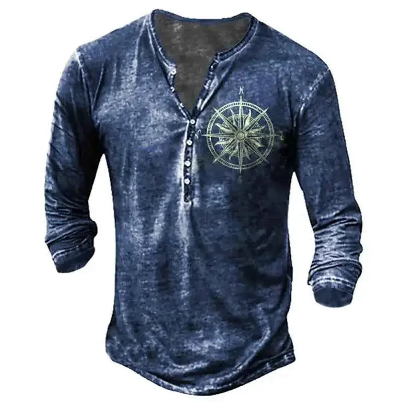 Vintage Men's Compass Graphic Long Sleeve Tee Oversized Streetwear 3D Print For Men