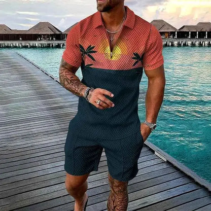 Mens Summer Tracksuit Set 3D Printed Casual Short Sleeve T Shirt With Lapel Zip Polo For Jogging