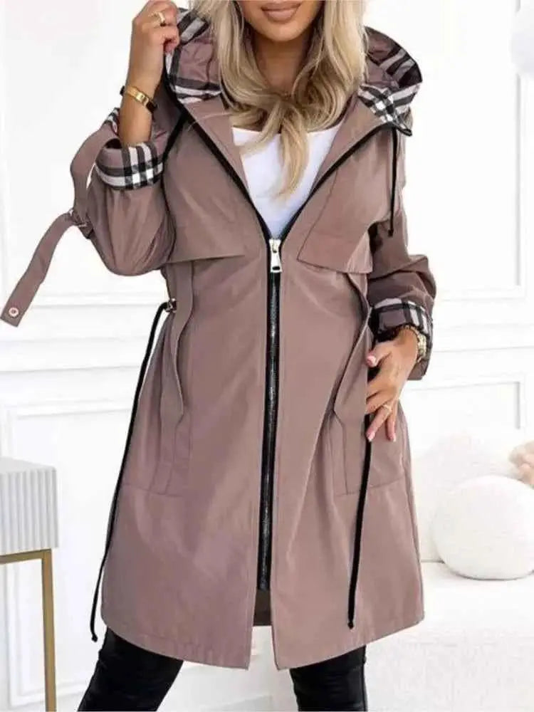 Autumn Winter Splicing Plaid Windbreaker Coat For Women Hooded Zipper Pocket Drawstring Waist Long Jacket