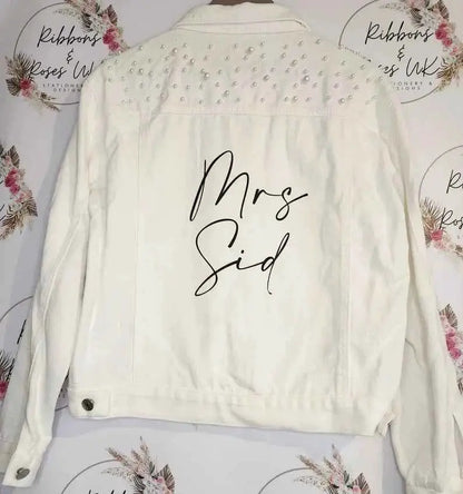 Bride To Be Personalized White Pearl Denim Jacket Bachelorette Gift With Custom Name For Bridesmaids