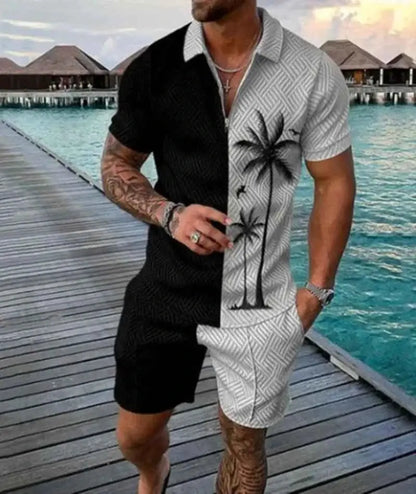 Mens Summer Tracksuit Set 3D Printed Casual Short Sleeve T Shirt With Lapel Zip Polo For Jogging
