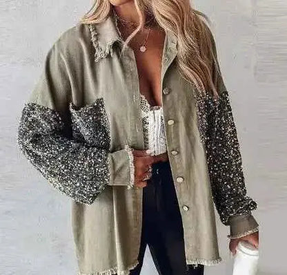 2025 Spring And Autumn Women Loose Casual Denim Shirt Jacket With Sequin Tassels For Everyday Wear