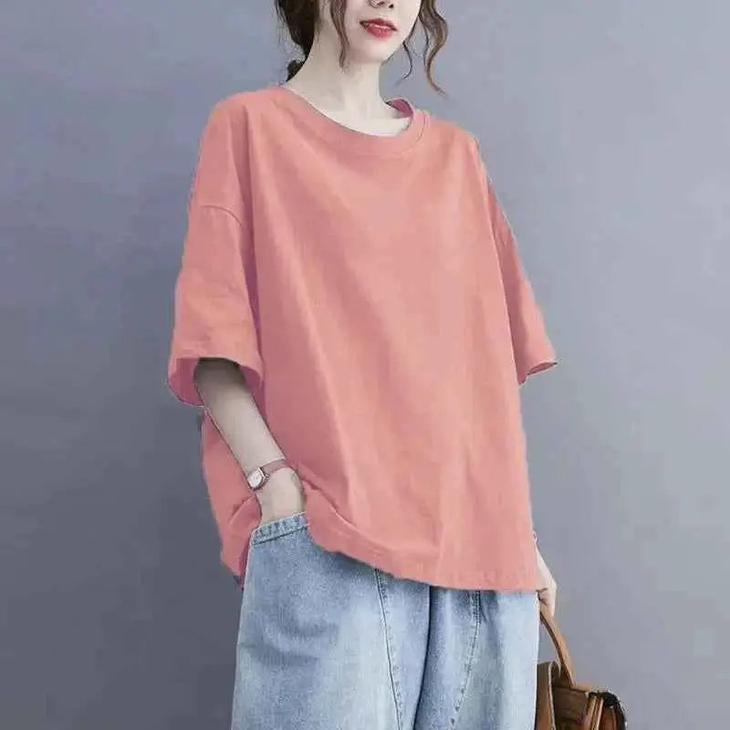 Oversized Womens Casual Korean Solid Color O Neck Short Sleeve T Shirt Summer Loose Pullover Top Tee