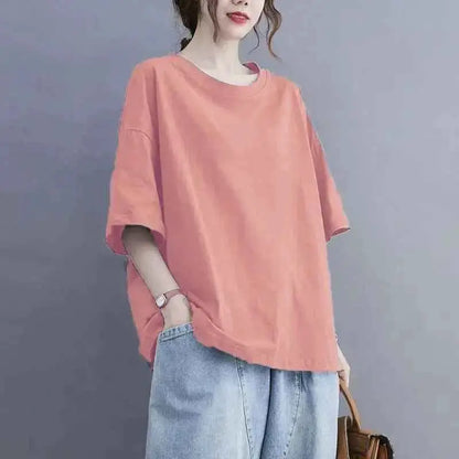 Oversized Womens Casual Korean Solid Color O Neck Short Sleeve T Shirt Summer Loose Pullover Top Tee