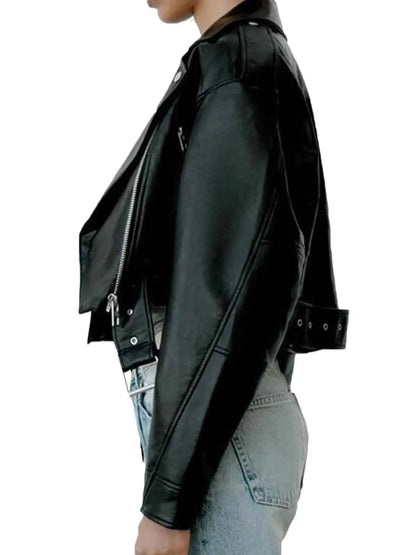 Fitaylor Women Faux PU Leather Jacket With Lapel Zipper Short Motorcycle Style Coat For Casual High Street Fashion