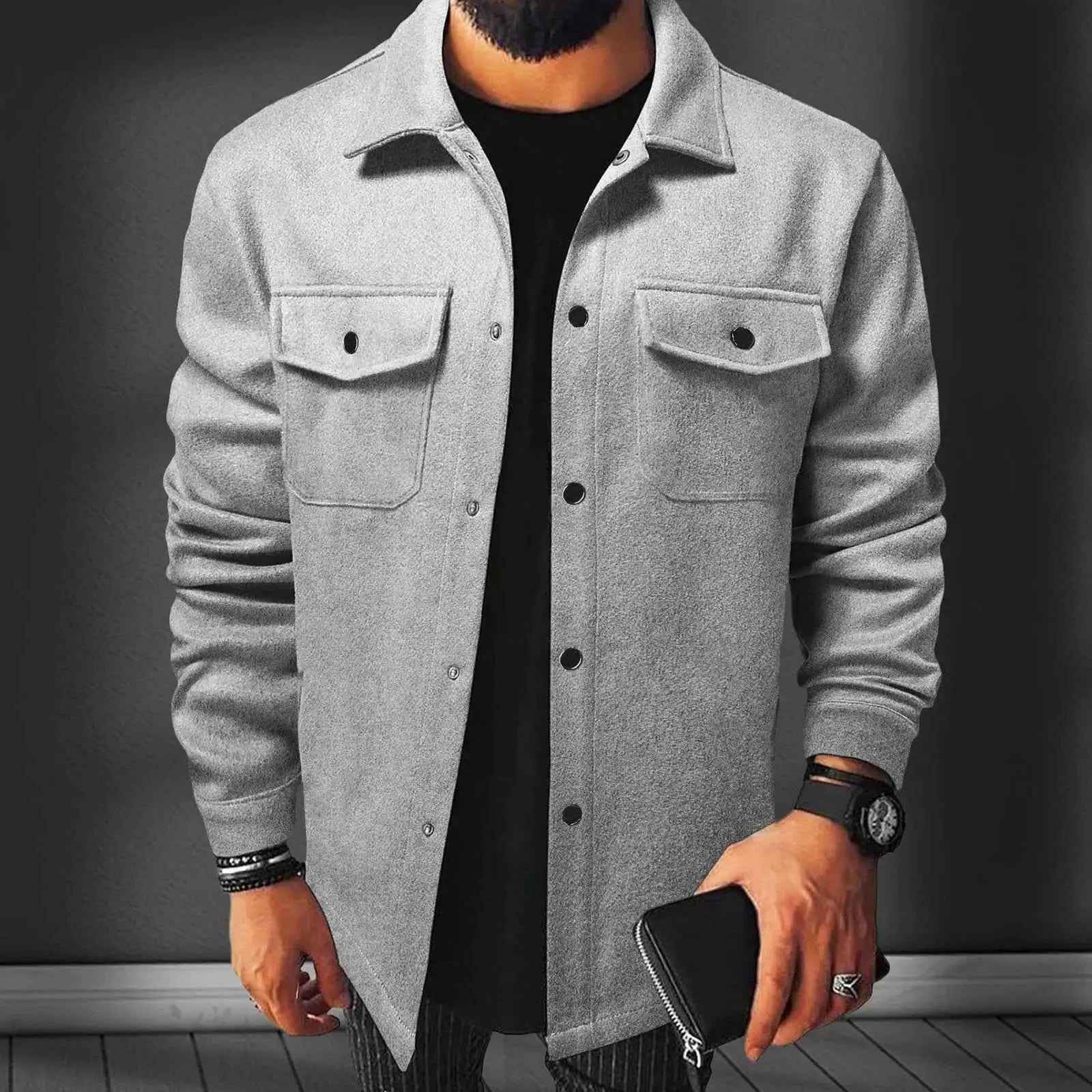 Men's Classic Solid Color Wool Jacket Casual Single Breasted Lapel Shirt Windbreaker Winter Outerwear
