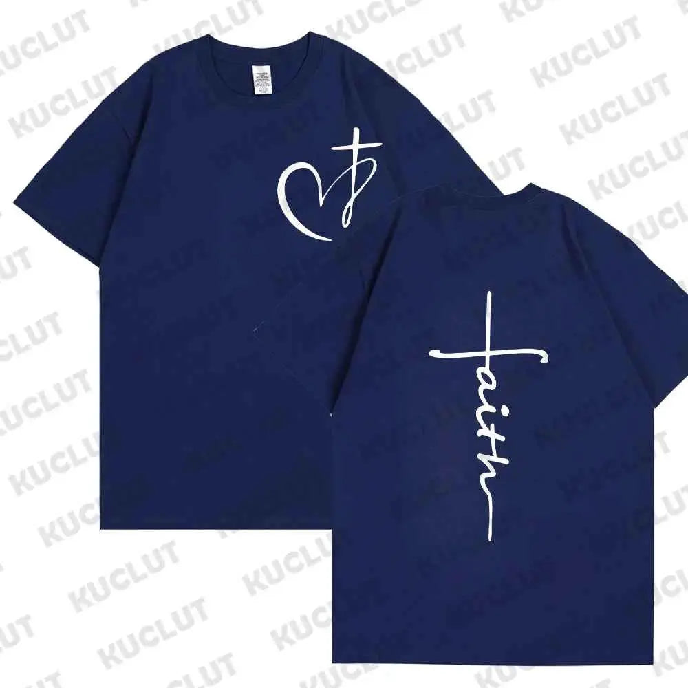 Women's Summer T Shirt Heart Cross Print Faith Jesus Tee Short Sleeve Top Fashion Brand Clothing