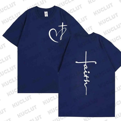 Women's Summer T Shirt Heart Cross Print Faith Jesus Tee Short Sleeve Top Fashion Brand Clothing
