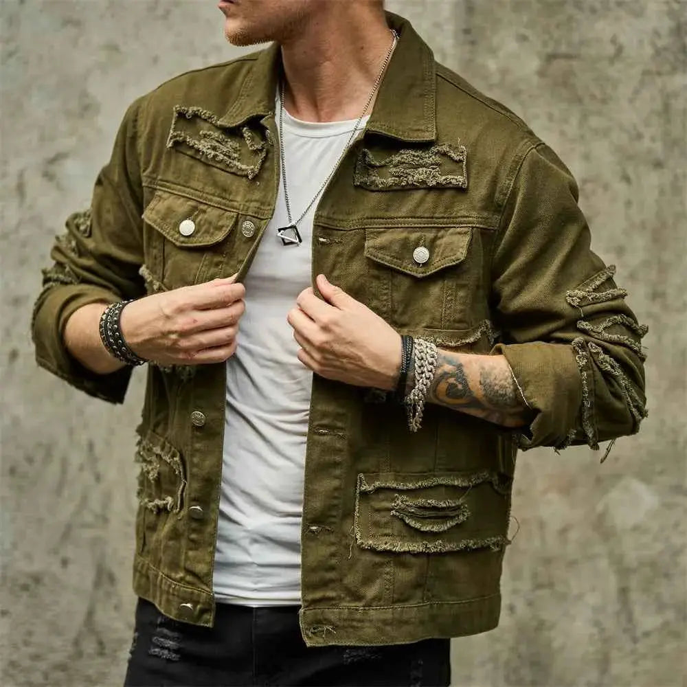 Street Style Men Ripped Splicing Slim Motorcycle Denim Jacket With Patch Casual Solid Jeans Coat