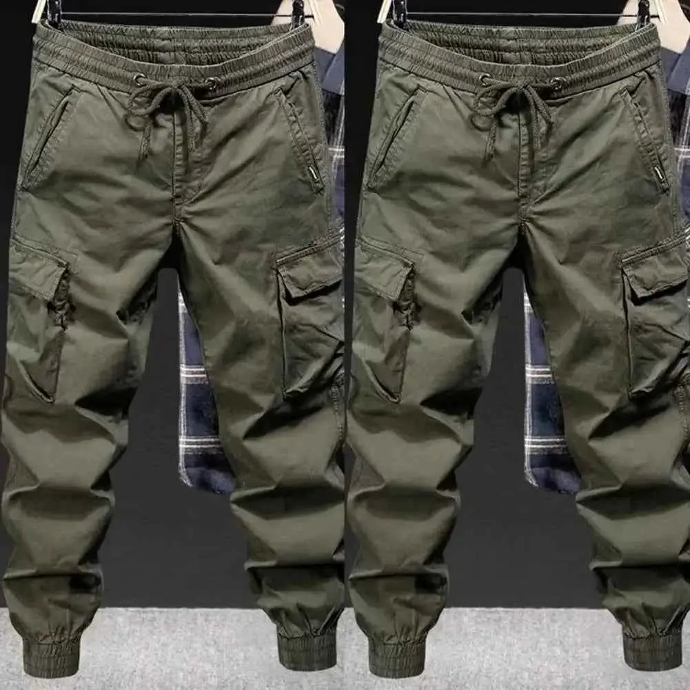 Men's Cargo Pants With Multiple Pockets Streetwear Joggers Elastic Drawstring Waist Full Length Plus Size Trousers