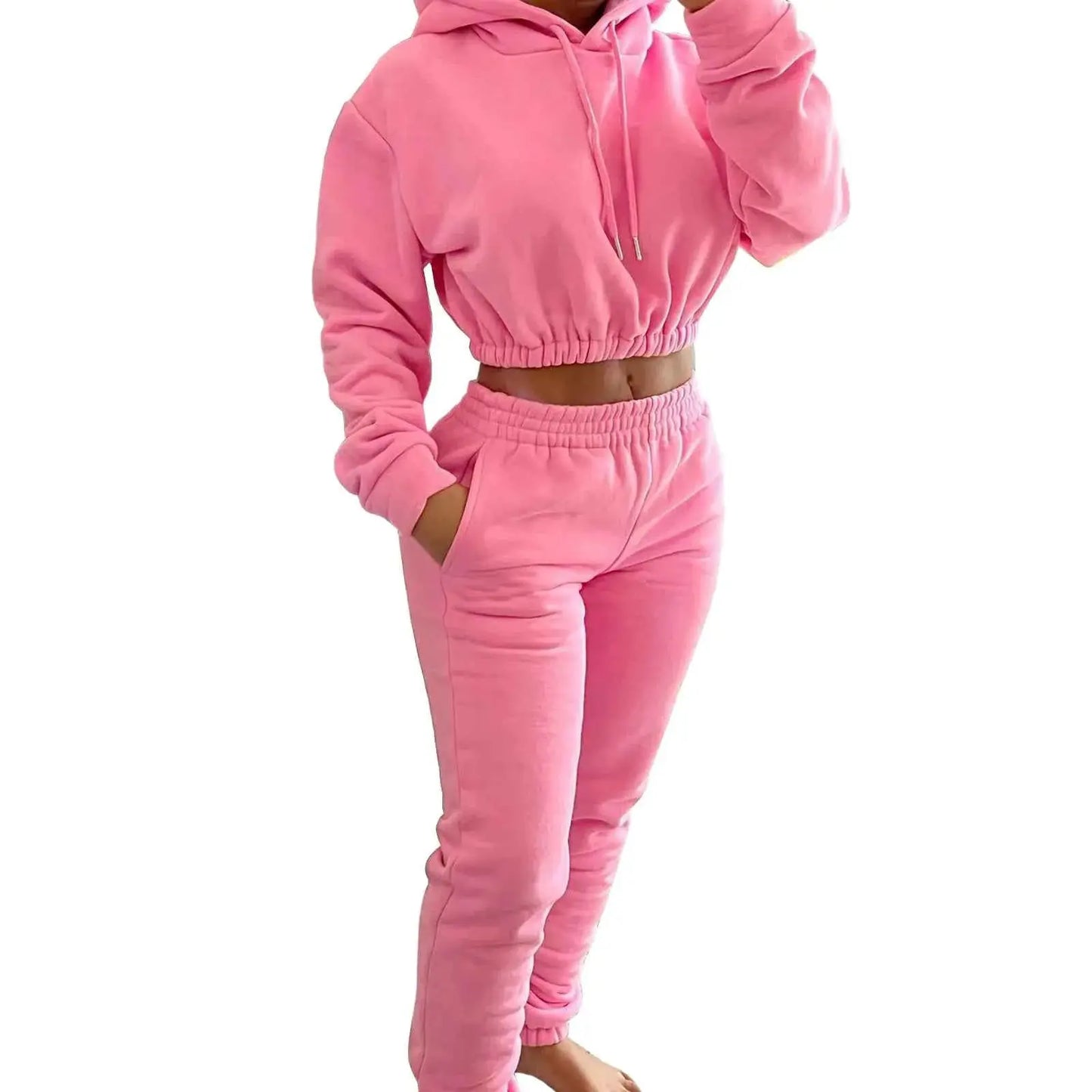 Women Autumn Winter Fleece Crop Top Hoodie Sweatshirt And Sweatpants Tracksuit 2 Piece Jogger Set Sweatsuit