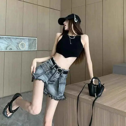 Korean Style High Waist Cargo Denim Shorts For Women Flowing Elastic Fit Trend 2025 Jeans Pants