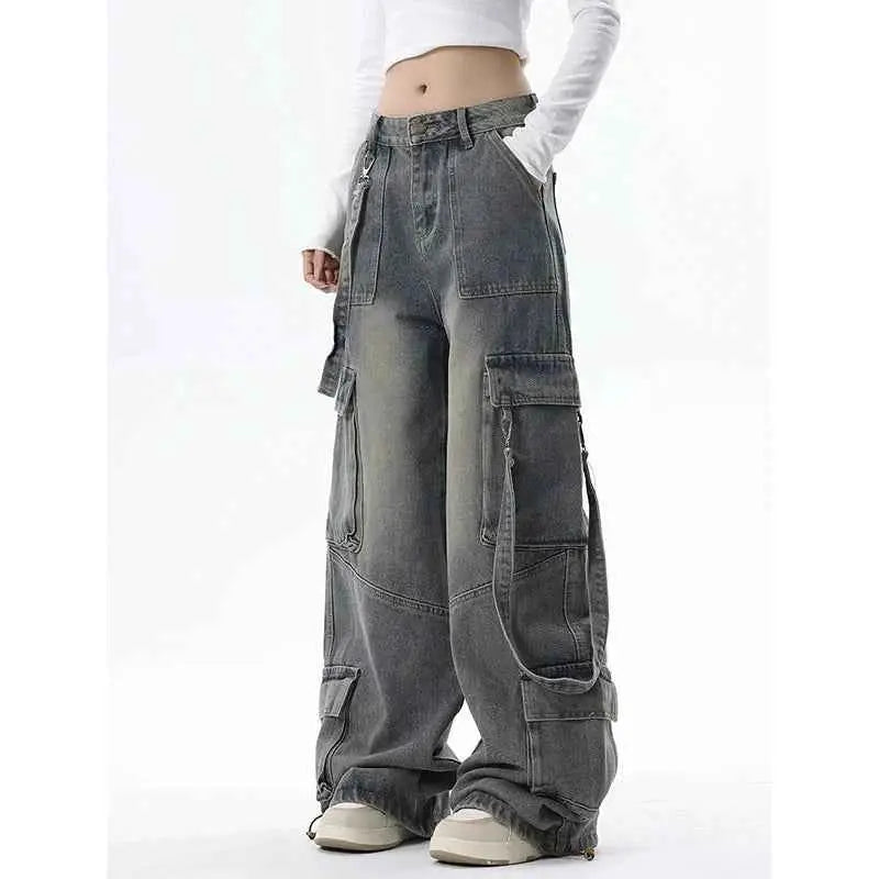 Women Vintage Blue Gothic Cargo Jeans For Everyday Streetwear By TeenStylo Premium Quality Classic Fit