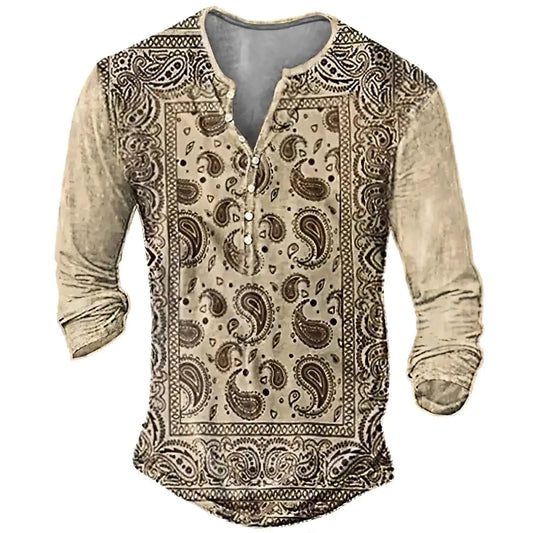 Vintage Style Men's Long Sleeve T Shirt Ethnic Graphic 3D Print Oversized Button Tee