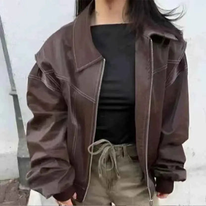 Women PU Leather Jacket Zipper Streetwear Vintage Contrast Stitch Lapel Loose Coat Fall Winter 2024 Trendy