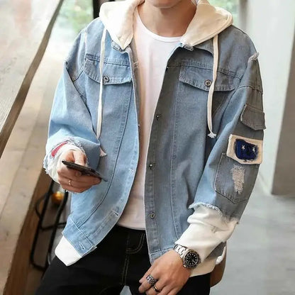 Men Denim Jacket Streetwear Hip Hop Hooded Jean Jacket Casual Loose Outerwear 2023 Spring Fashion Slim Fit