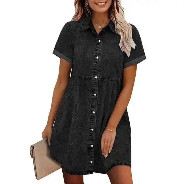 Women Denim Shirt Dress Short Sleeve Turn Down Collar Jean Dress Single Breasted Casual Loose Fit With Ruffled Edge
