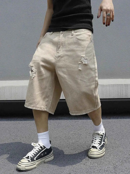 Men's Baggy Denim Shorts Summer Stretch Ripped Knee Length Cargo Pockets Streetwear Casual
