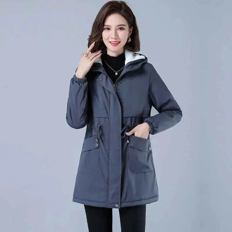 Winter Cotton Puffer Coat For Women Plush Lining Hooded Parka Outerwear Casual Trench Jacket