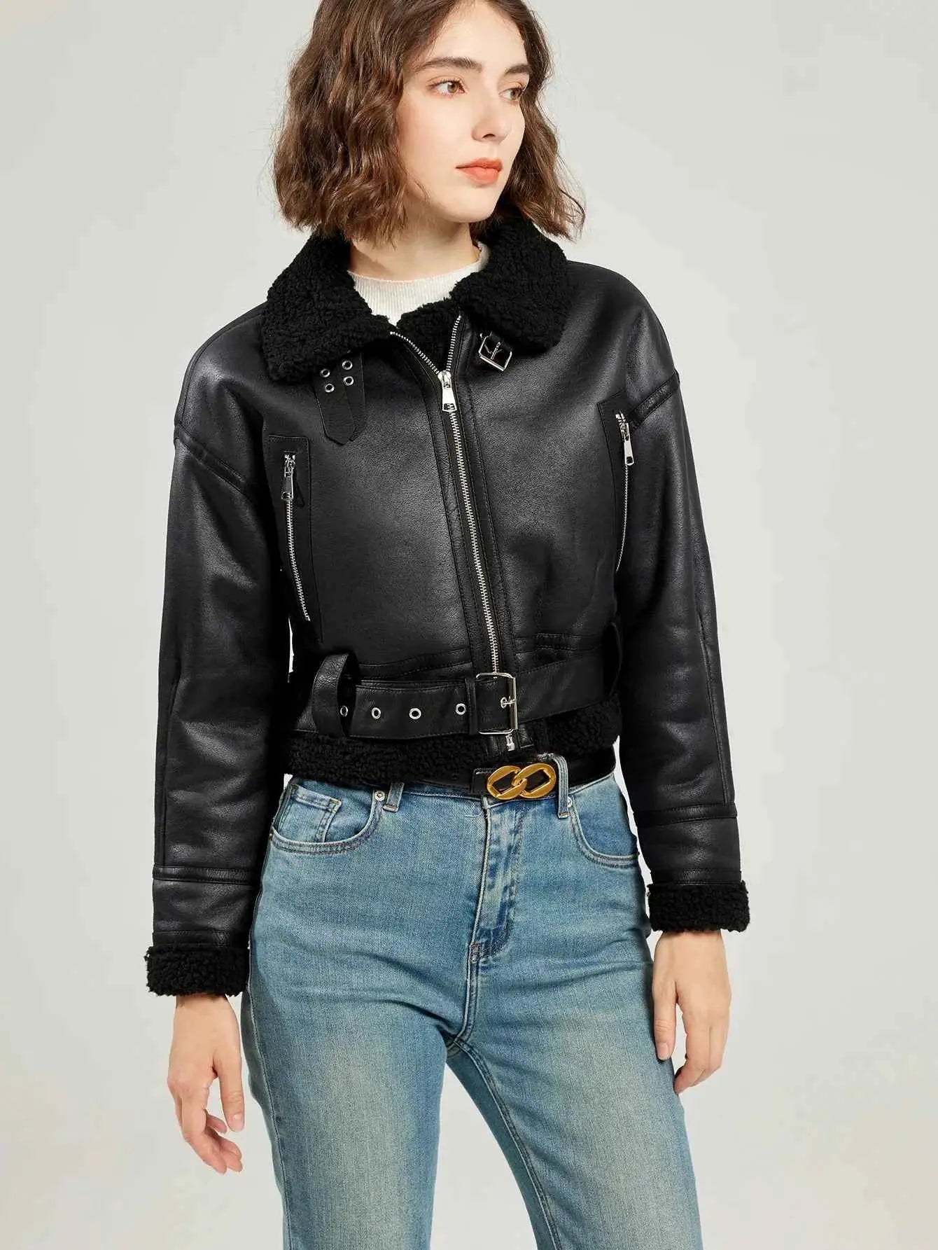 Fitaylor Winter Faux Lambswool Leather Jacket For Women High Street Motorcycle Outerwear Casual Short Coat