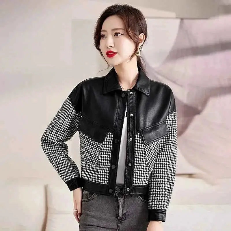 Leather Coat For Women PU Leather Motorcycle Jacket Short Splice Design 2024 Spring Autumn
