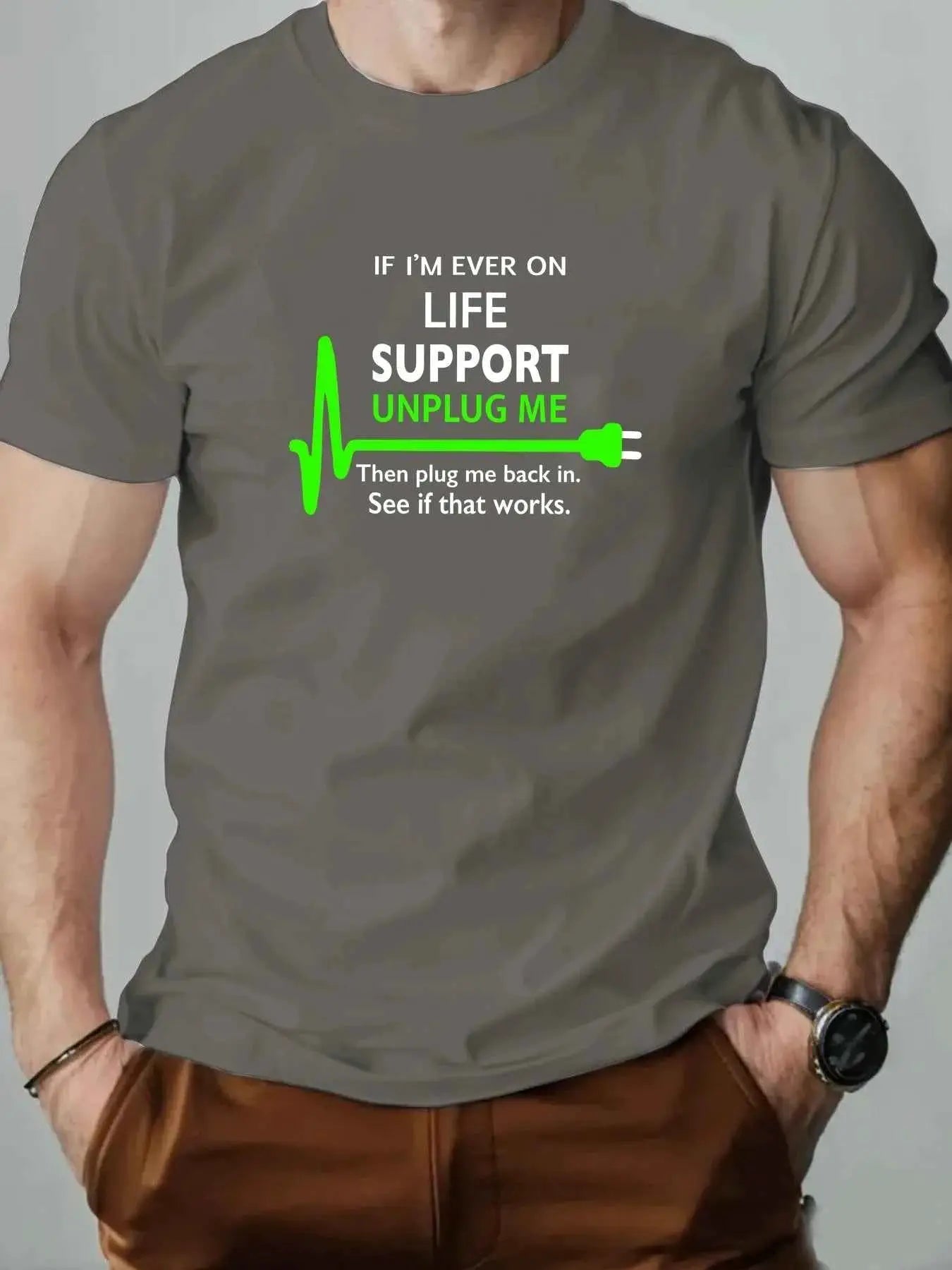 100 Percent Cotton Mens Round Neck T Shirt Life Support Unplug Socket Graphic Print Breathable Casual Oversized Tee
