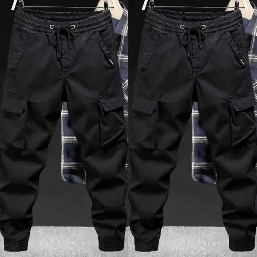 Men's Cargo Pants With Multiple Pockets Streetwear Joggers Elastic Drawstring Waist Full Length Plus Size Trousers