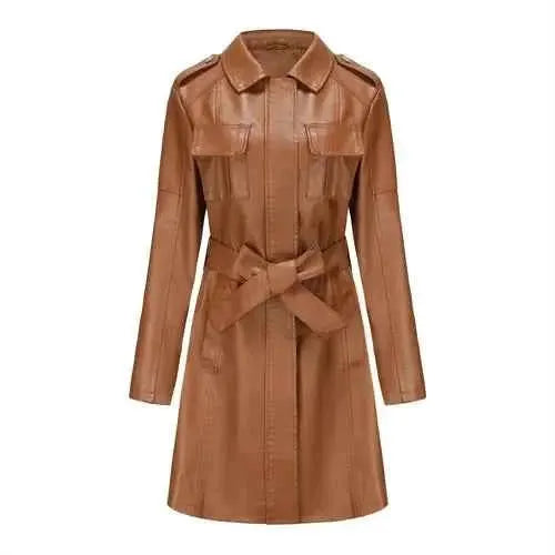 Black Women PU Leather Long Jacket Windbreaker For Spring And Autumn Lapel Single Breasted Long Sleeve