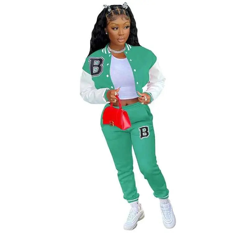 CM YAYA Letter B Baseball Womens Tracksuit Two Piece Jacket And Sweatpants Set Outfit