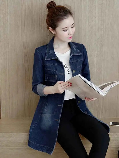 Zoki Autumn Women Denim Jacket Ripped Blue Long Sleeve Slim Fit Cotton Outwear 5XL