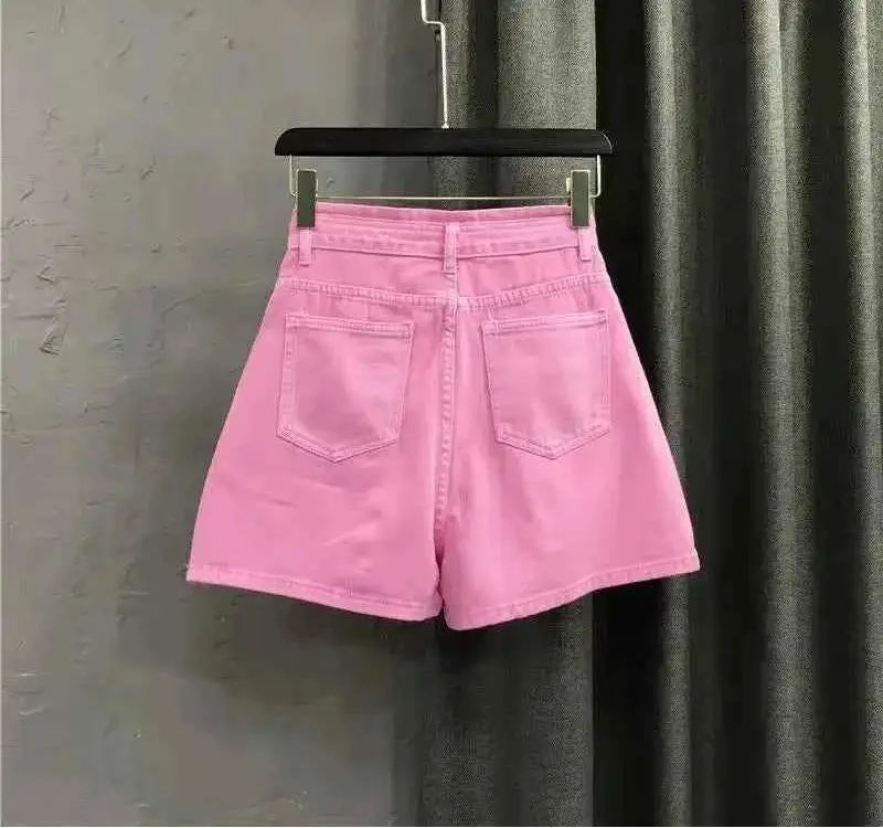 Pink Jean Shorts Women High Waist Y2K Wide Leg Denim Shorts Summer Streetwear 2025 Fashion Casual