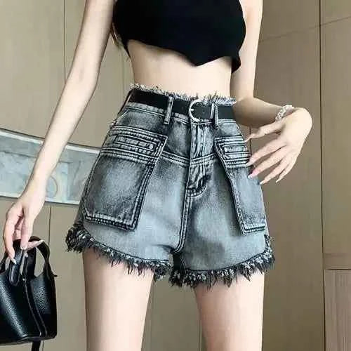 Korean Style High Waist Cargo Denim Shorts For Women Flowing Elastic Fit Trend 2025 Jeans Pants
