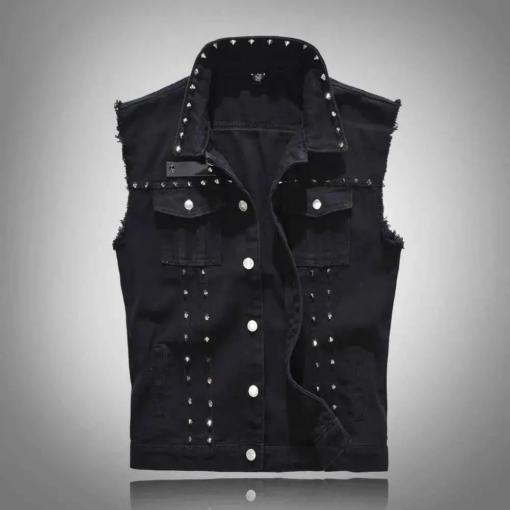Mens Rivet Denim Vest Studded Sleeveless Jacket 6XL Plus Size Slim Fit Punk Party Wear Spring Fashion