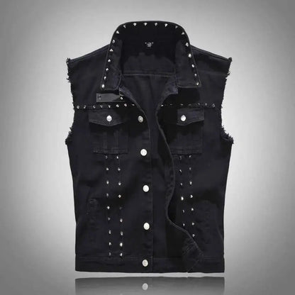 Mens Rivet Denim Vest Studded Sleeveless Jacket 6XL Plus Size Slim Fit Punk Party Wear Spring Fashion