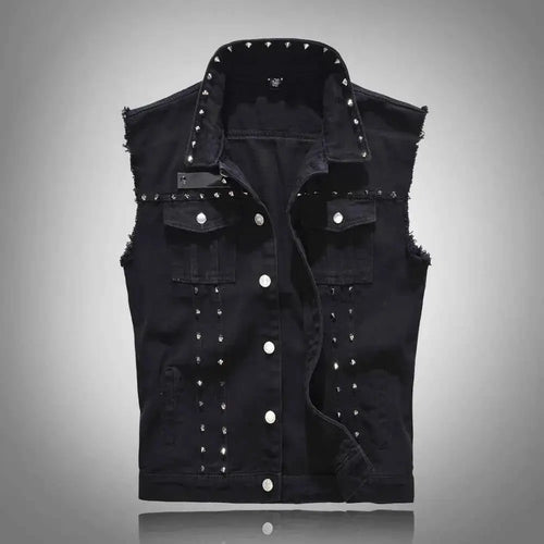Mens Rivet Denim Vest Studded Sleeveless Jacket 6XL Plus Size Slim Fit Punk Party Wear Spring Fashion