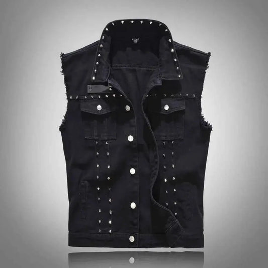 Mens Rivet Denim Vest Studded Sleeveless Jacket 6XL Plus Size Slim Fit Punk Party Wear Spring Fashion