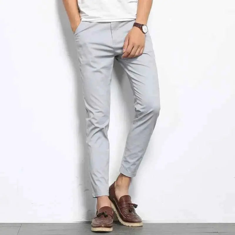Browon Summer Men Casual Pants Solid Color Straight Leg Ankle Length Slight Elastic Waist High Quality Formal Trousers