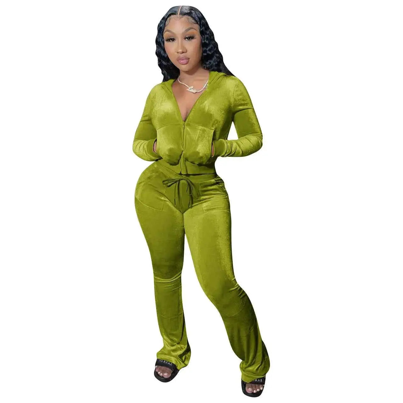 Women Autumn Velour Tracksuit Set Two Piece Zip Up Hooded Jacket Bodycon Flared Pants Jogger Outfit