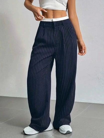 Women Striped Printed Full Length Pants High Waist Loose Wide Leg Trousers Casual Y2K Fashion