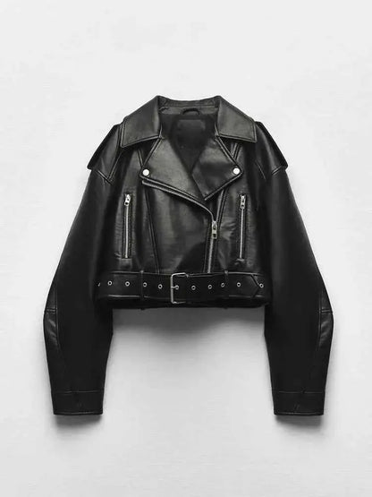 Women Faux PU Leather Short Jacket Belted Motorcycle Style Zipper Lapel Spring Autumn Outwear