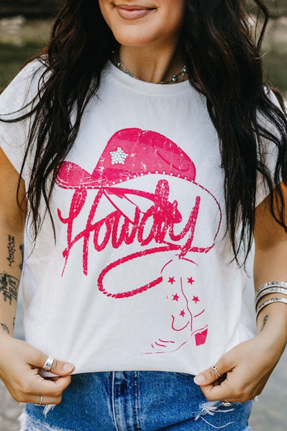 White rhinestone Howdy graphic tee with Western-inspired embellishments, unisex streetwear style – TeenStylo