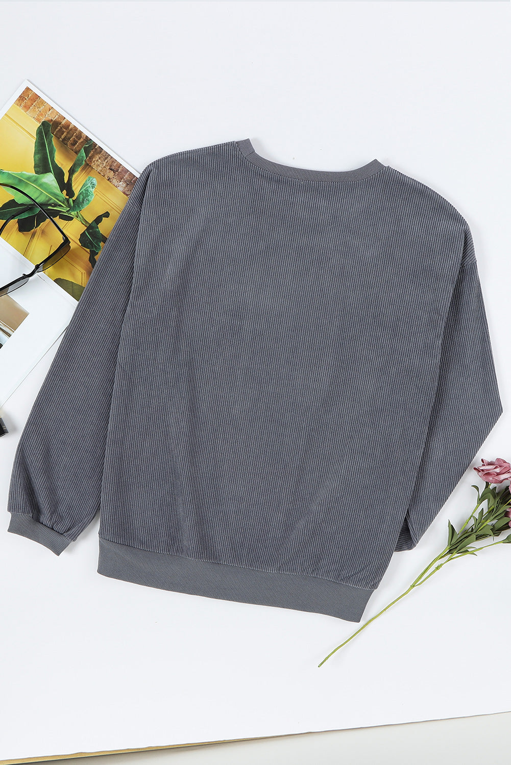 Gray unisex corded graphic sweatshirt with saddle up print, streetwear lifestyle style at TeenStylo