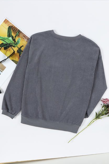 Gray unisex corded graphic sweatshirt with saddle up print, streetwear lifestyle style at TeenStylo